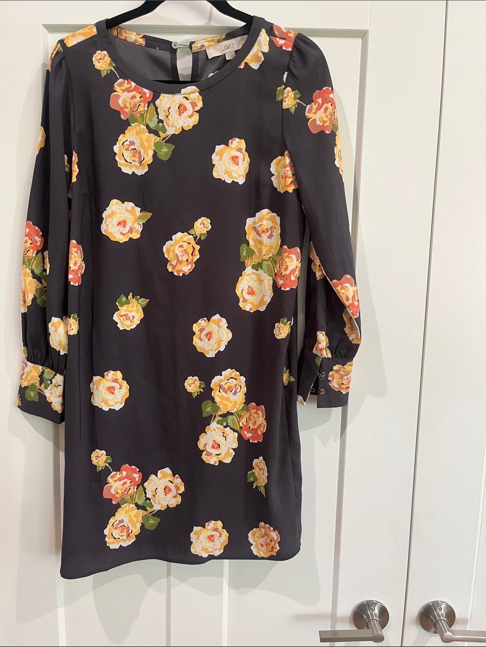 LOFT Medium Petite MP Floral Long Sleeve Shift Dress Yellow Orange Roses EUC